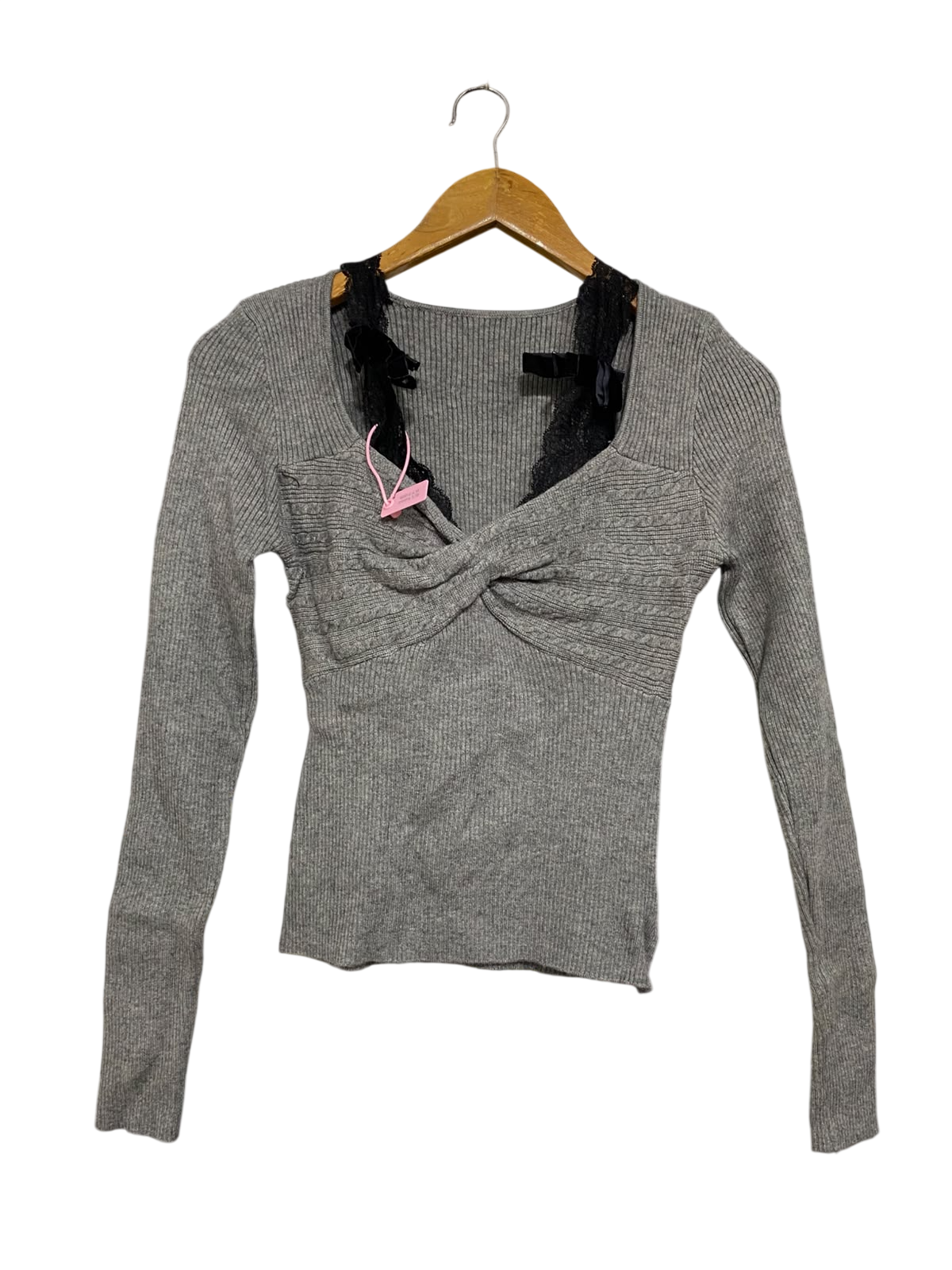 RABBIT LINE |XS | BUST 13 | A73 |   GREY LACE-TRIM TWIST-FRONT LONG-SLEEVE TOP