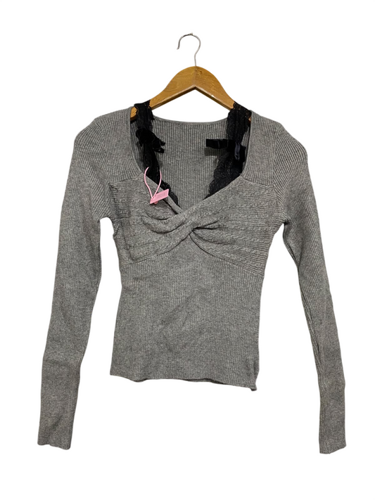 RABBIT LINE |XS | BUST 13 | A73 |   GREY LACE-TRIM TWIST-FRONT LONG-SLEEVE TOP