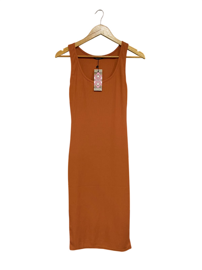 BOOHOO |S | BUST 13 | A73 |   RUST BROWN RIBBED SCOOP-NECK MIDI DRESS