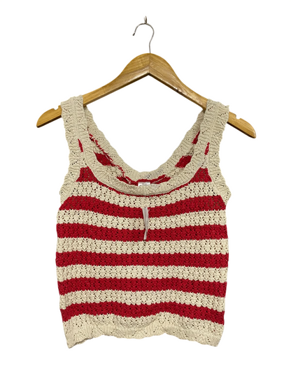 ANKO |S | BUST 13 | A73 |   RED & OFF-WHITE STRIPED CROCHET TANK TOP