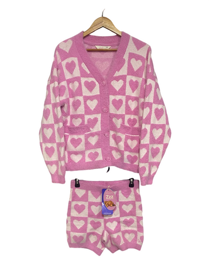 PETER ALEXANDER |S/M |  A73 |   PINK CHECKERED HEART FUZZY KNIT CARDIGAN & SHORTS LOUNGE SET