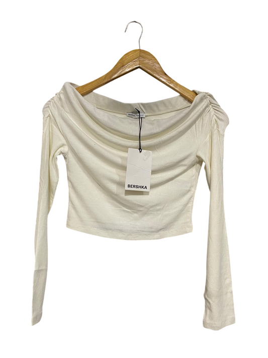 BERSHKA |S | BUST 14 | A73 |   OFF-SHOULDER RUCHED OFF-WHITE LONG-SLEEVE CROP TOP