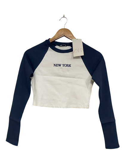 ZARA |M | BUST 15 | A73 |   "NEW YORK" BLUE & WHITE COLORBLOCK RIBBED LONG-SLEEVE CROP TOP