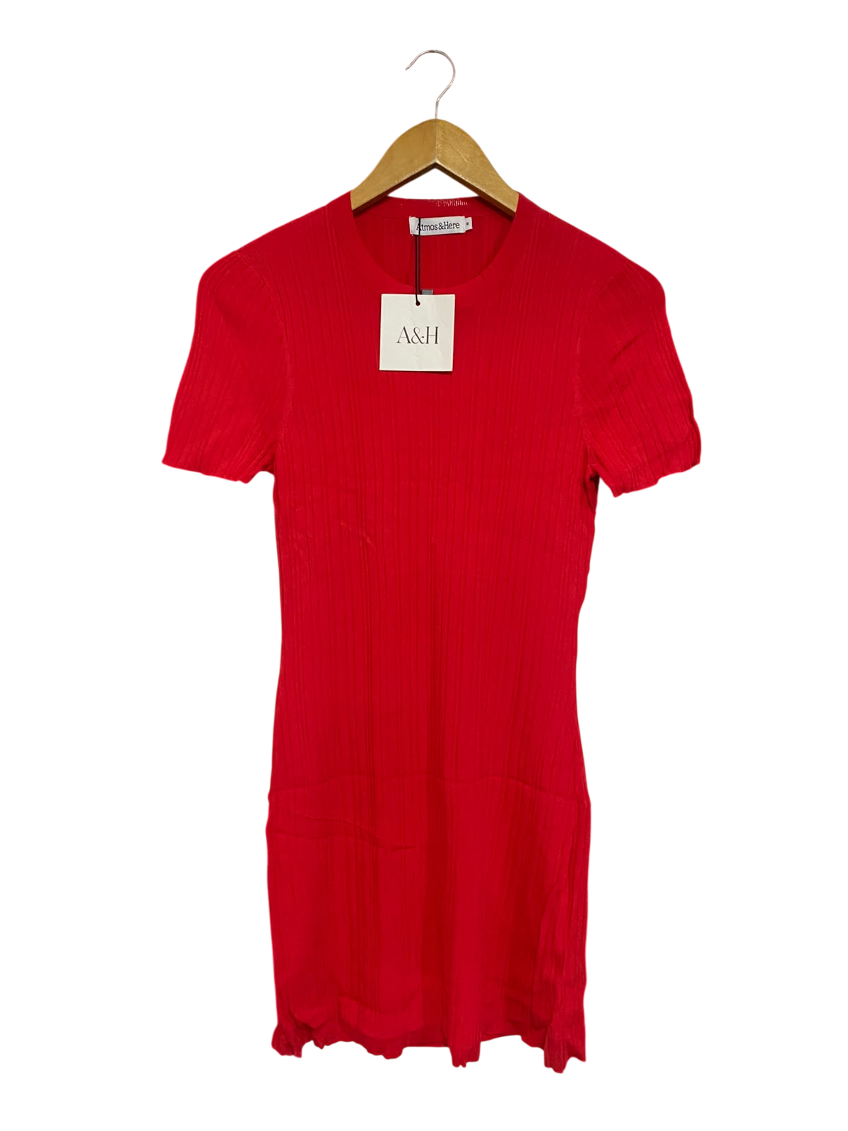 ATMOS & HERE  |S | BUST 15 | A73 |  RED RIBBED SHORT-SLEEVE KNIT MIDI DRESS