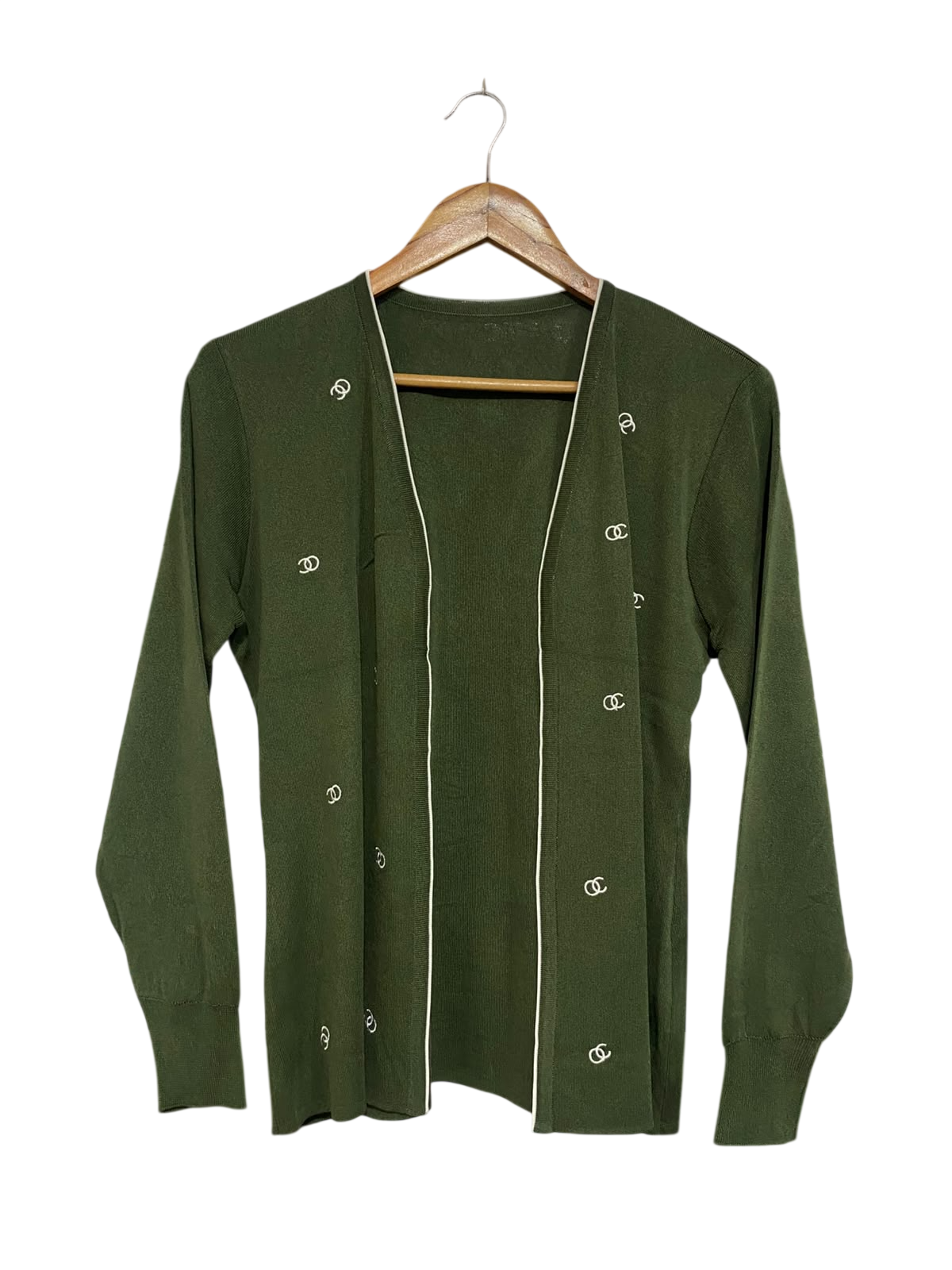 |M | BUST 21 | A73 |  OLIVE GREEN EMBROIDERED OPEN-FRONT KNIT CARDIGAN