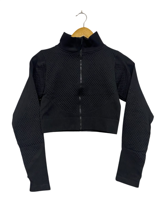 OTOS  |M | BUST 15 | A73 | BLACK SEAMLESS HIGH-NECK FULL-ZIP ATHLETIC CROP JACKET