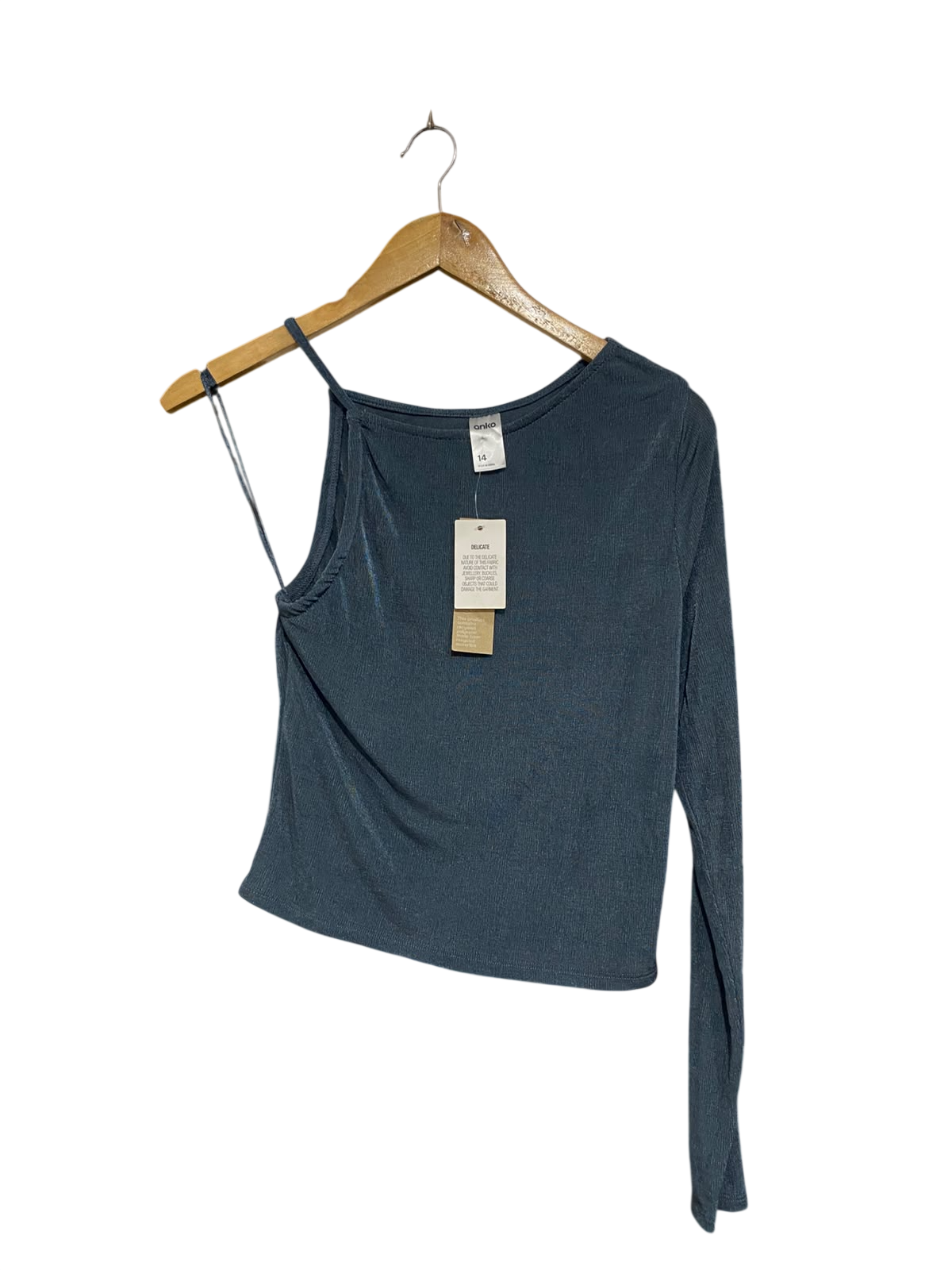 ANKO |S | BUST 14 | A73 |  TEAL ASYMMETRIC ONE-SHOULDER RIBBED LONG-SLEEVE TOP