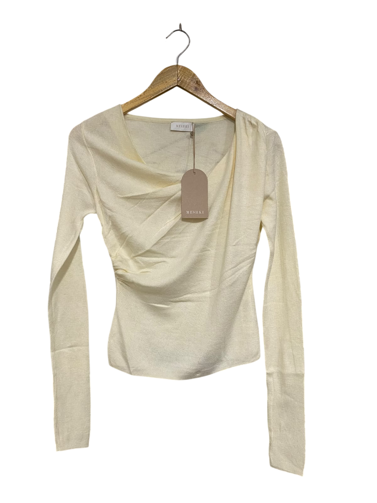 MESHKI  |L | BUST 16 | A73 | OFF-WHITE ASYMMETRIC DRAPED LONG-SLEEVE KNIT TOP