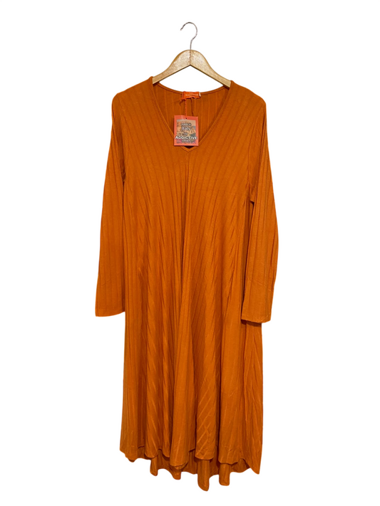 ADDICTIVE |L/XL | BUST 20 | A74 |  RUST ORANGE V-NECK LONG-SLEEVE RIBBED KNIT MIDI DRESS