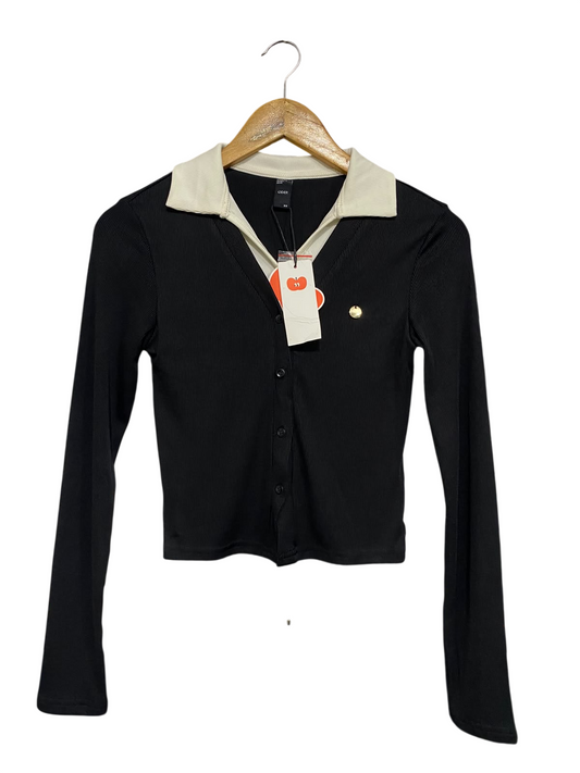 CIDER |XS | BUST 14 | A74 |  BLACK & WHITE CONTRAST COLLAR LONG-SLEEVE RIBBED KNIT POLO TOP