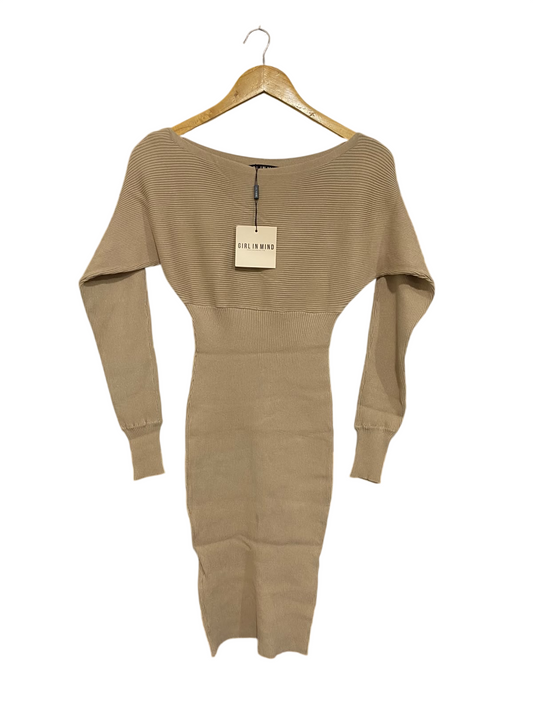 GIRL IN MIND  |M | BUST 12 | A74 | CAMEL RIBBED OFF-SHOULDER LONG-SLEEVE KNIT MIDI DRESS