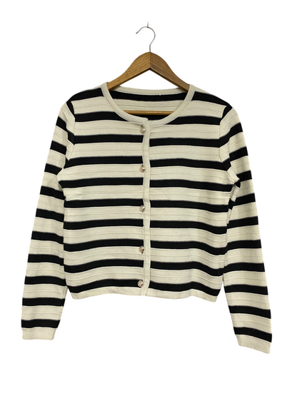 |S | BUST 19 | A74 | BLACK & CREAM STRIPED GOLD-BUTTON KNIT CARDIGAN