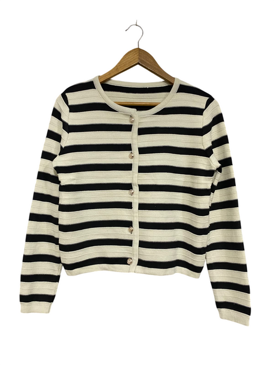 |S | BUST 19 | A74 | BLACK & CREAM STRIPED GOLD-BUTTON KNIT CARDIGAN