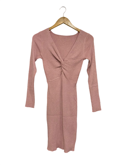|XS | BUST 13 | A74 | DUSTY PINK TWIST-FRONT V-NECK LONG-SLEEVE KNIT MIDI DRESS