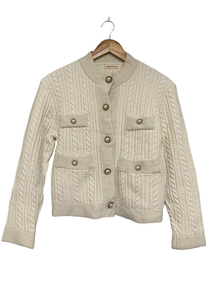 KUMAYES |M | BUST 17 | A74 |  OFF-WHITE CABLE-KNIT PEARL-BUTTON CARDIGAN JACKET