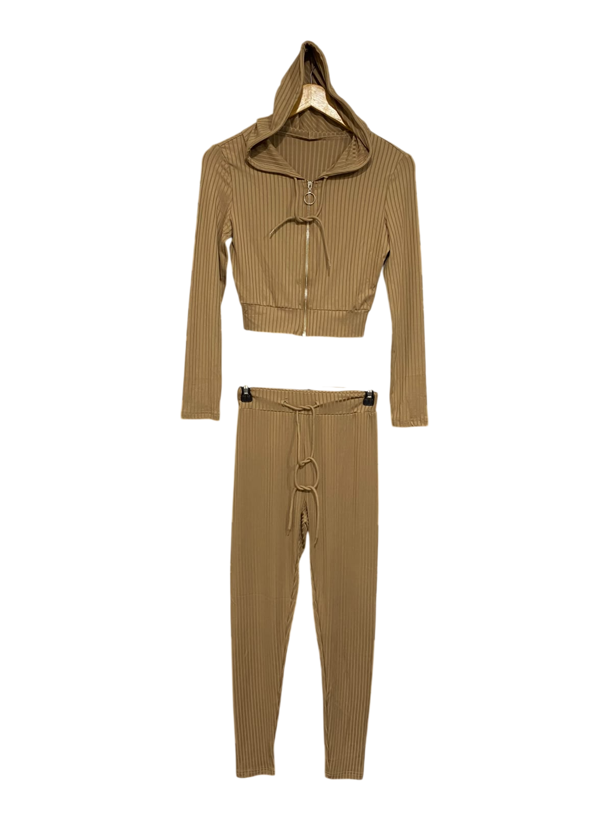 SHEIN  |XS| A74 | CAMEL RIBBED CROPPED HOODIE & LOUNGE PANTS TWO-PIECE SET