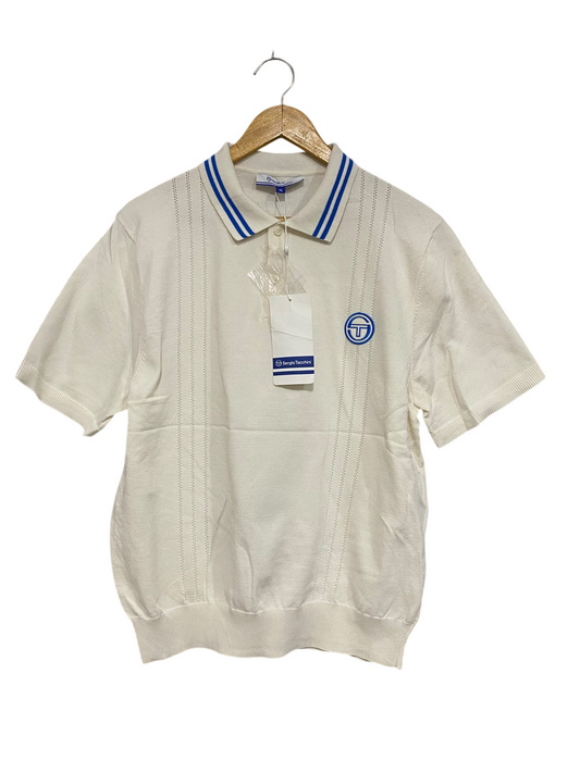 SERGIO TACCHINI  |XL | BUST 22 | A74 | OFF-WHITE & BLUE TIPPED KNIT SHORT-SLEEVE POLO SHIRT