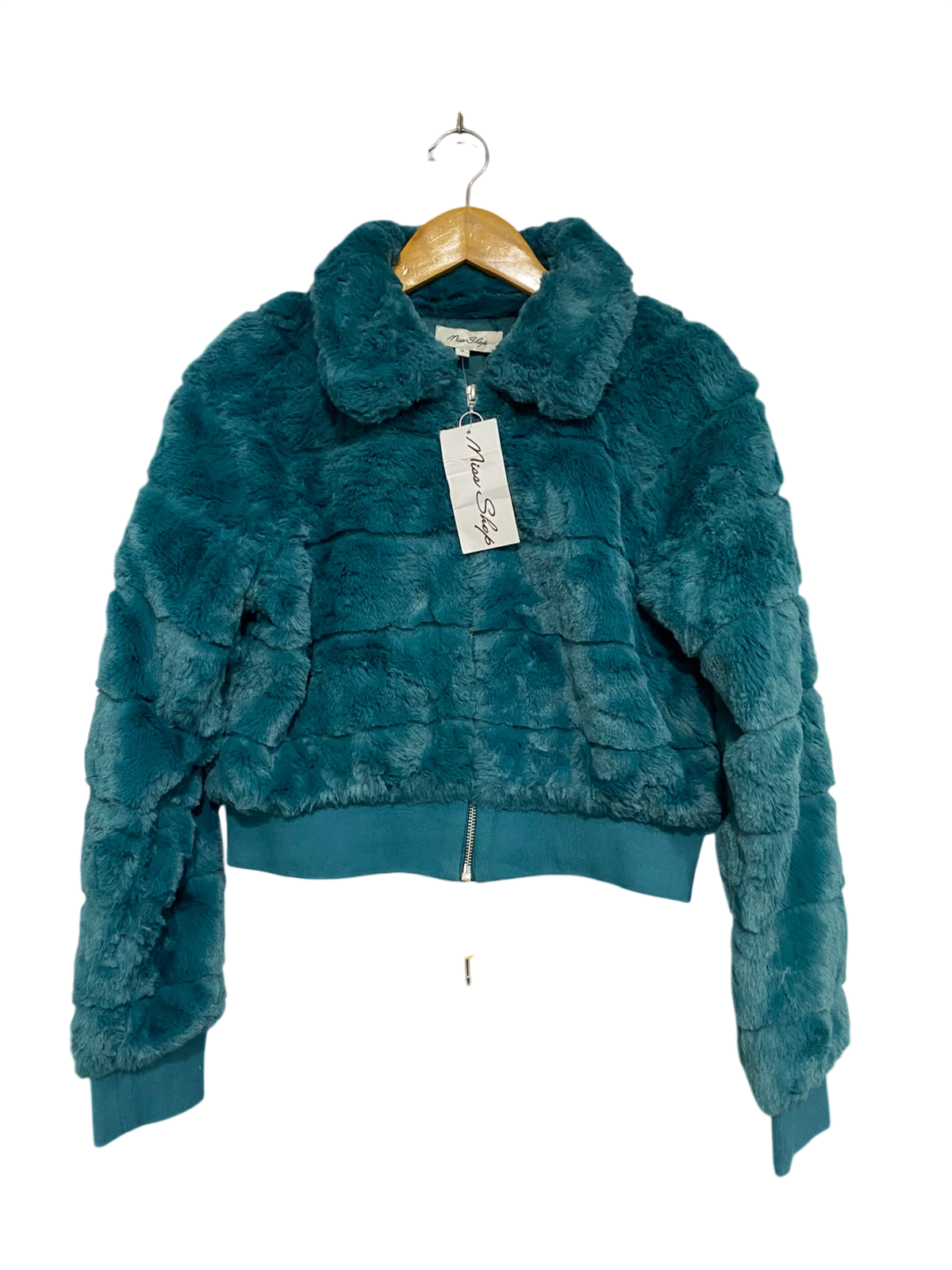 MISS SHOP  |S | BUST 18 | A74 | TEAL FAUX FUR COLLARED ZIP-UP CROPPED JACKET