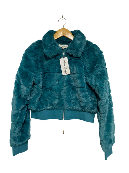MISS SHOP  |S | BUST 18 | A74 | TEAL FAUX FUR COLLARED ZIP-UP CROPPED JACKET