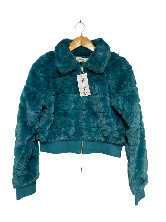 MISS SHOP  |S | BUST 18 | A74 | TEAL FAUX FUR COLLARED ZIP-UP CROPPED JACKET