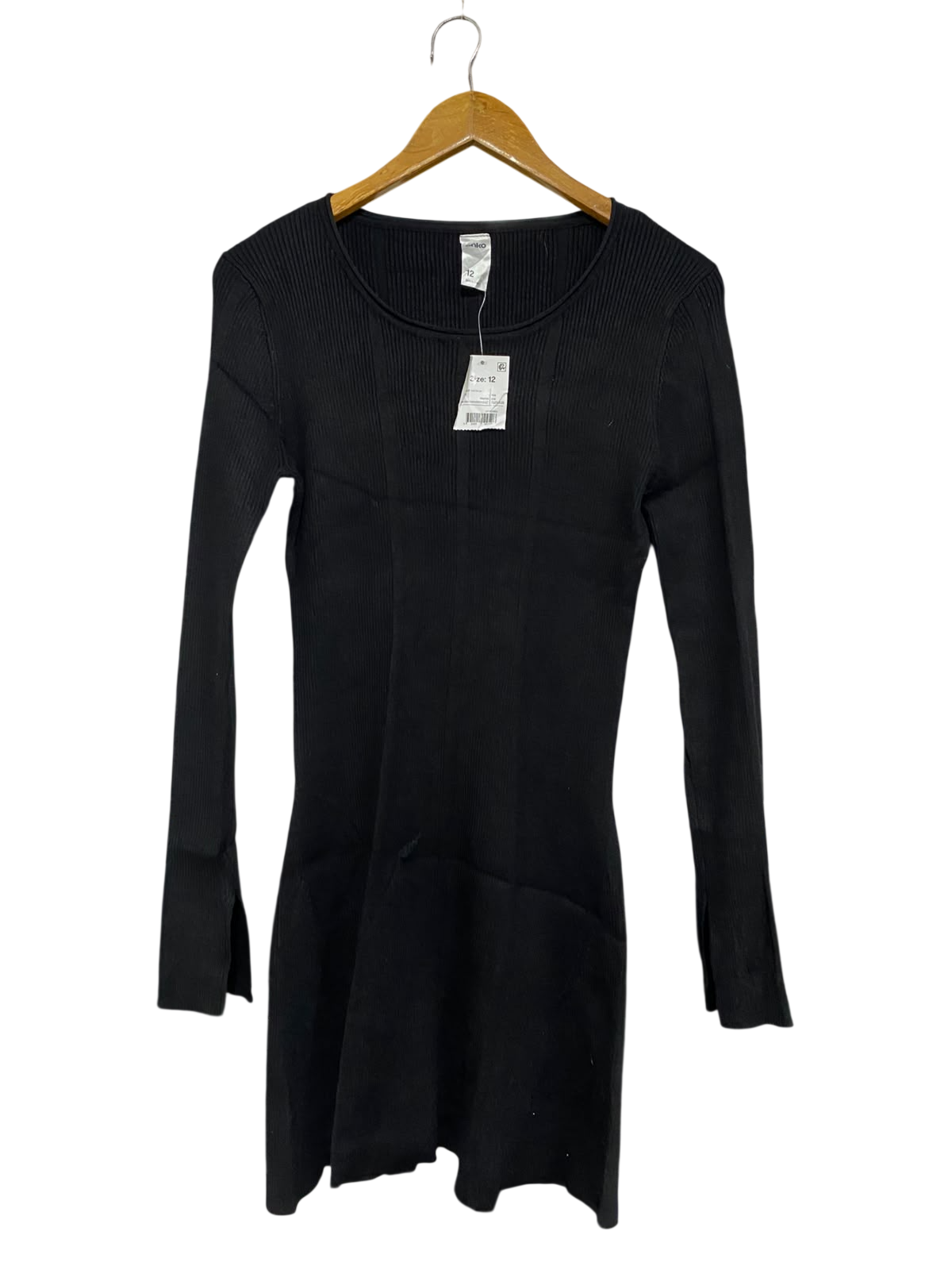 ANKO |S | BUST 15 | A74 |  BLACK RIBBED CREW-NECK LONG-SLEEVE BODYCON KNIT DRESS