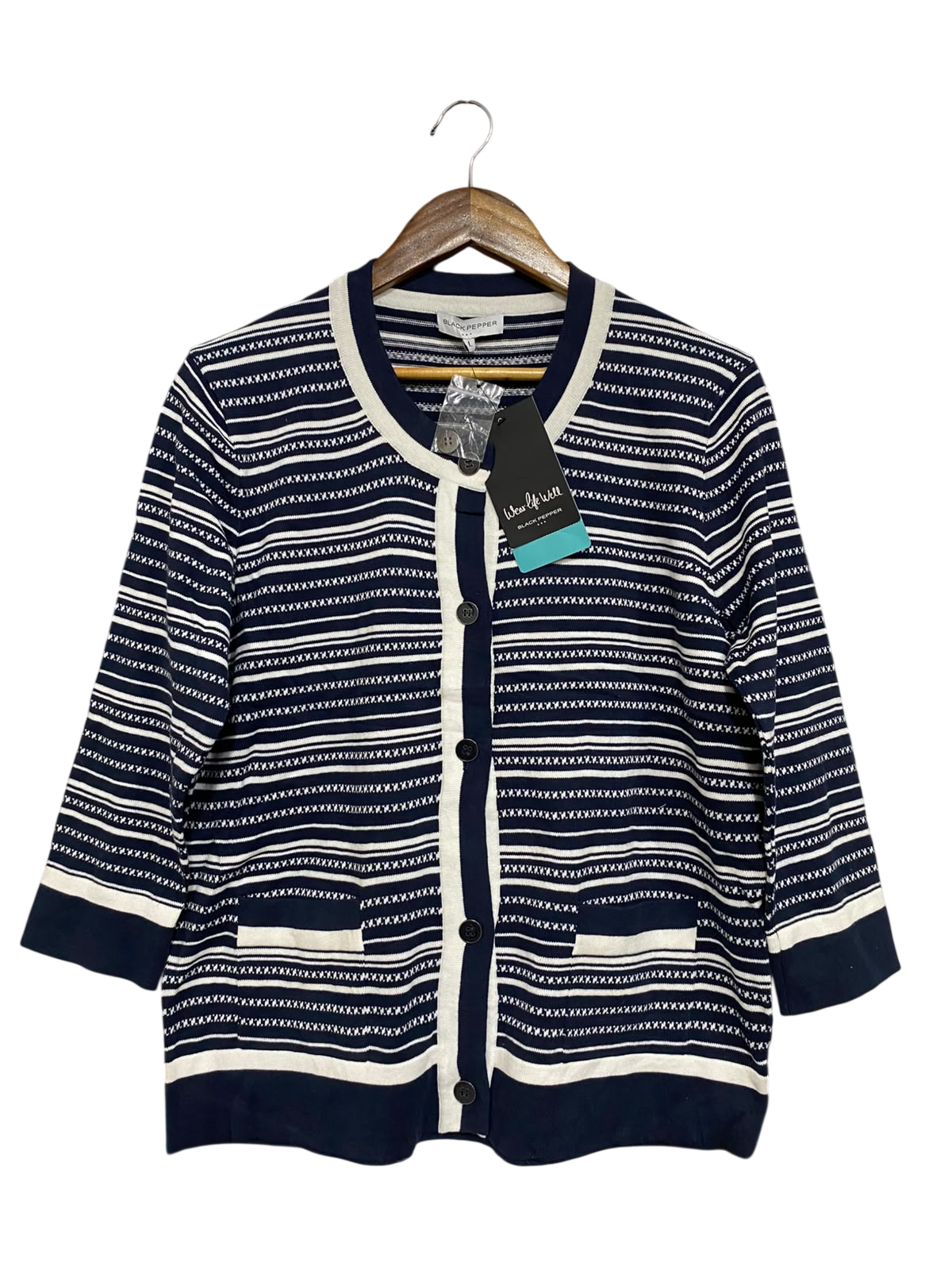 BLACK PEPPER  |L | BUST 21 | A74 | NAVY BLUE & WHITE STRIPED BUTTON-DOWN KNIT CARDIGAN
