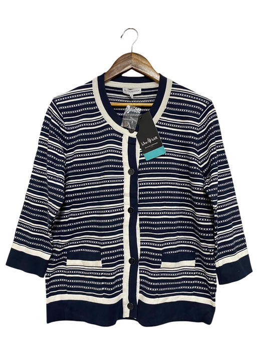 BLACK PEPPER  |L | BUST 21 | A74 | NAVY BLUE & WHITE STRIPED BUTTON-DOWN KNIT CARDIGAN