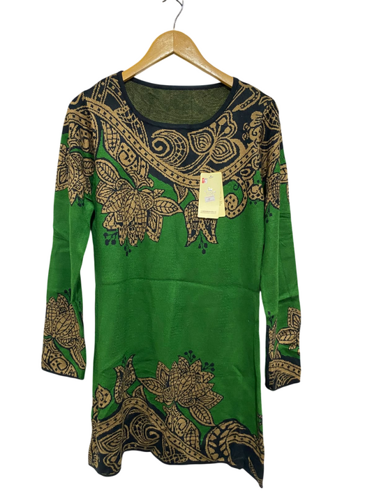 XUE MA |L | BUST 19 | A74 |  GREEN & GOLD ORNATE JACQUARD LONG-SLEEVE KNIT TUNIC / DRESS