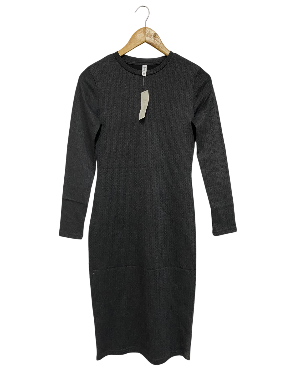 &ME |XS | BUST 16 | A74 |  CHARCOAL GREY RIBBED CREW-NECK LONG-SLEEVE BODYCON MIDI DRESS