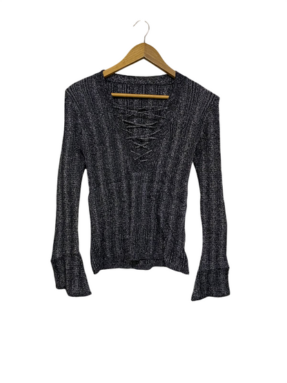 GUESS |L | BUST 22 | A74 |  METALLIC BLACK LACE-UP V-NECK FLARE-SLEEVE KNIT TOP