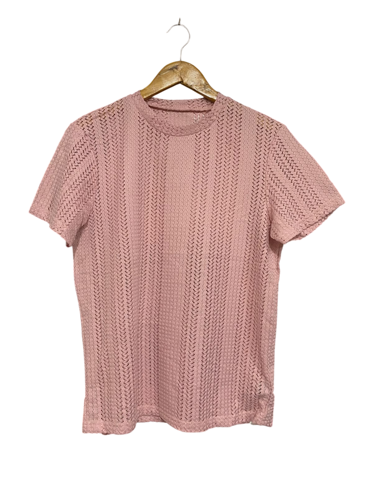 AKNOTIC |S | BUST 20 | A74 |  DUSTY PINK OPEN-KNIT CREW-NECK SHORT-SLEEVE TOP