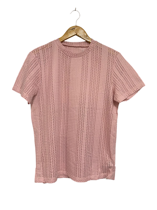 AKNOTIC |S | BUST 20 | A74 |  DUSTY PINK OPEN-KNIT CREW-NECK SHORT-SLEEVE TOP