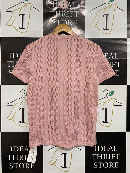 AKNOTIC |S | BUST 20 | A74 |  DUSTY PINK OPEN-KNIT CREW-NECK SHORT-SLEEVE TOP