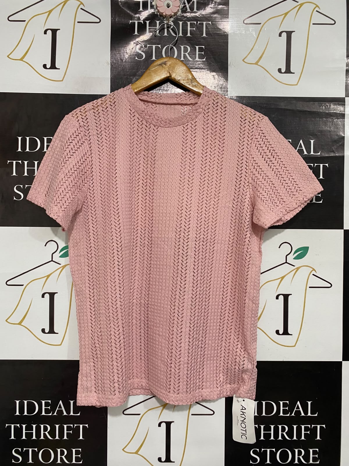 AKNOTIC |S | BUST 20 | A74 |  DUSTY PINK OPEN-KNIT CREW-NECK SHORT-SLEEVE TOP
