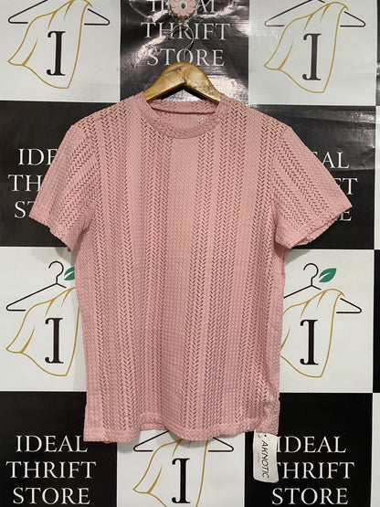 AKNOTIC |S | BUST 20 | A74 |  DUSTY PINK OPEN-KNIT CREW-NECK SHORT-SLEEVE TOP