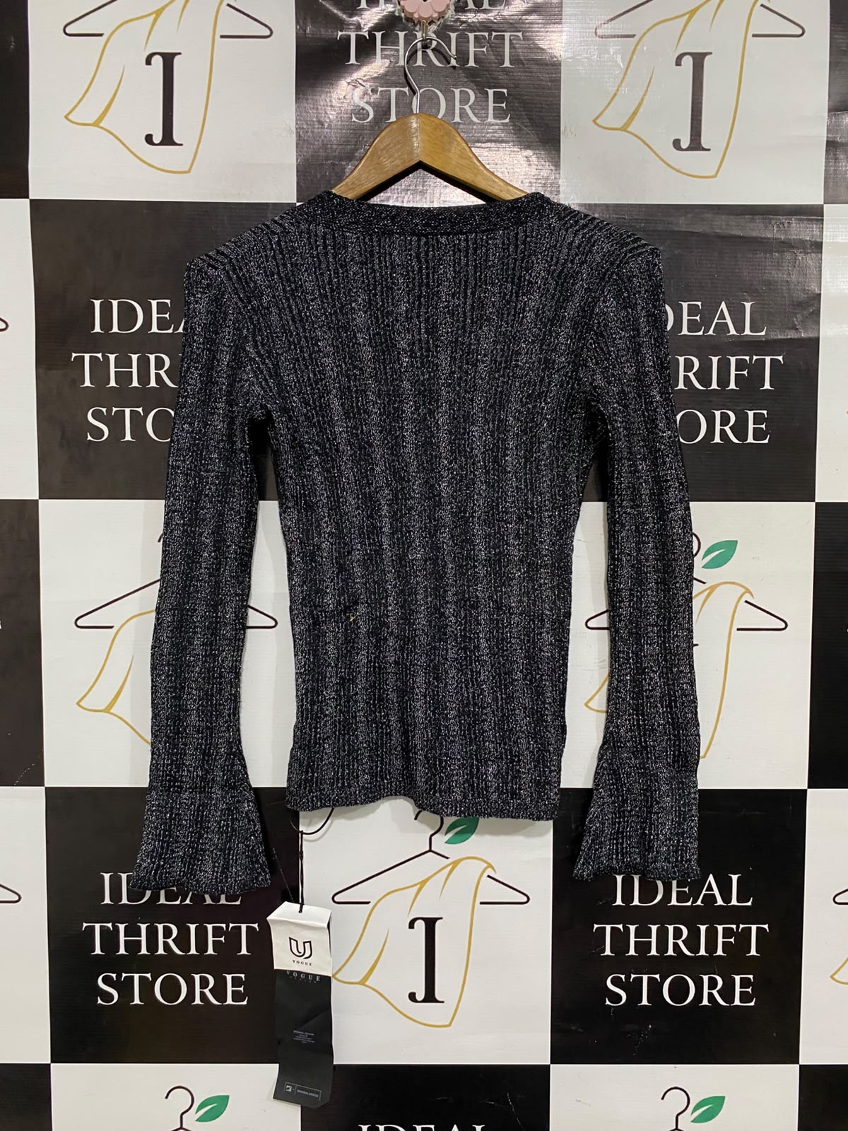 GUESS |L | BUST 22 | A74 |  METALLIC BLACK LACE-UP V-NECK FLARE-SLEEVE KNIT TOP