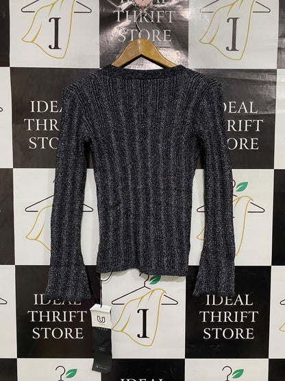 GUESS |L | BUST 22 | A74 |  METALLIC BLACK LACE-UP V-NECK FLARE-SLEEVE KNIT TOP