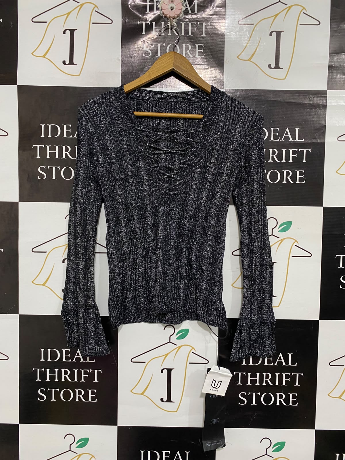 GUESS |L | BUST 22 | A74 |  METALLIC BLACK LACE-UP V-NECK FLARE-SLEEVE KNIT TOP