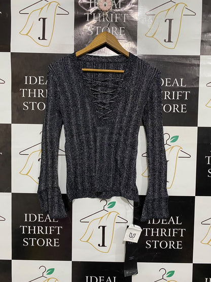 GUESS |L | BUST 22 | A74 |  METALLIC BLACK LACE-UP V-NECK FLARE-SLEEVE KNIT TOP