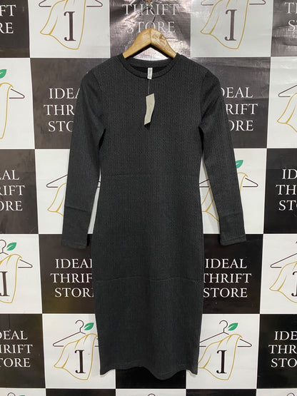 &ME |XS | BUST 16 | A74 |  CHARCOAL GREY RIBBED CREW-NECK LONG-SLEEVE BODYCON MIDI DRESS