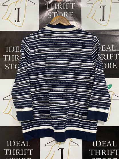 BLACK PEPPER  |L | BUST 21 | A74 | NAVY BLUE & WHITE STRIPED BUTTON-DOWN KNIT CARDIGAN