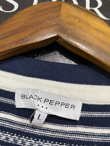 BLACK PEPPER  |L | BUST 21 | A74 | NAVY BLUE & WHITE STRIPED BUTTON-DOWN KNIT CARDIGAN
