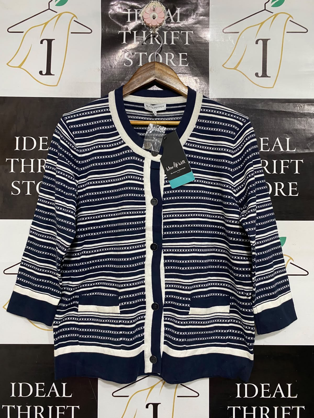 BLACK PEPPER  |L | BUST 21 | A74 | NAVY BLUE & WHITE STRIPED BUTTON-DOWN KNIT CARDIGAN