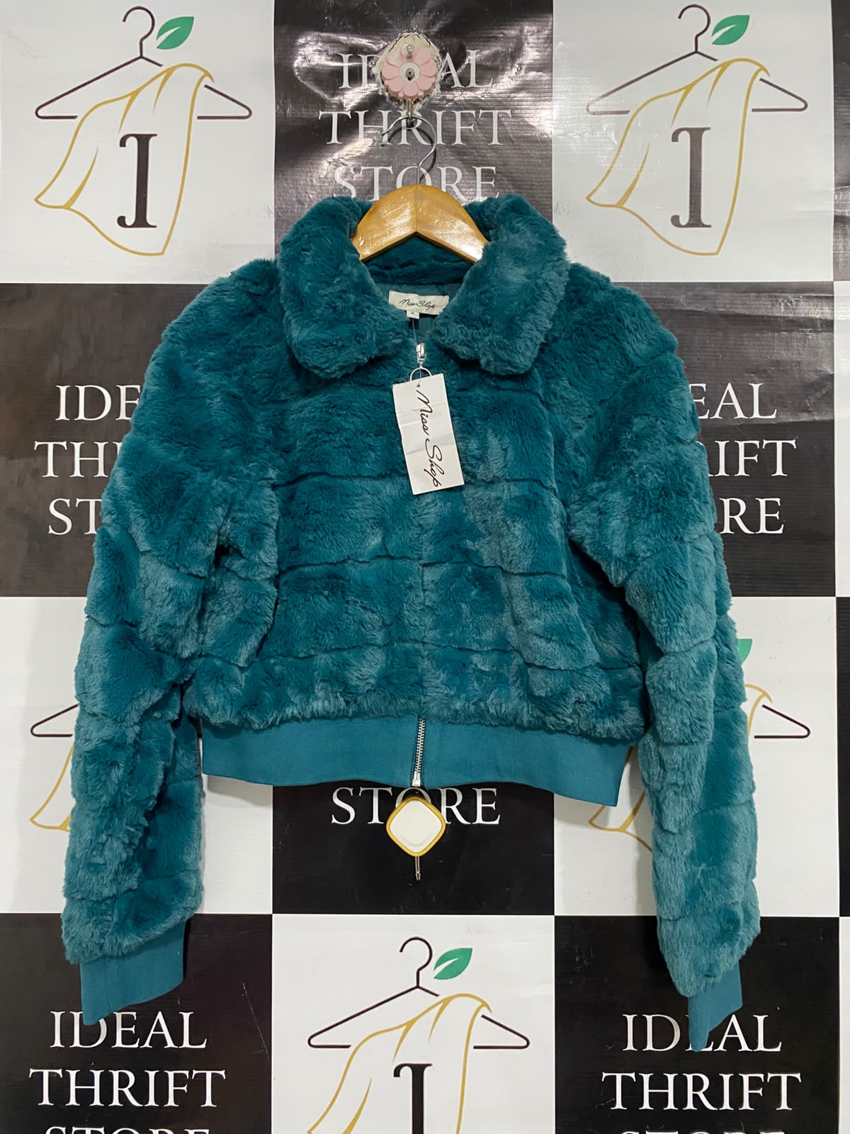 MISS SHOP  |S | BUST 18 | A74 | TEAL FAUX FUR COLLARED ZIP-UP CROPPED JACKET