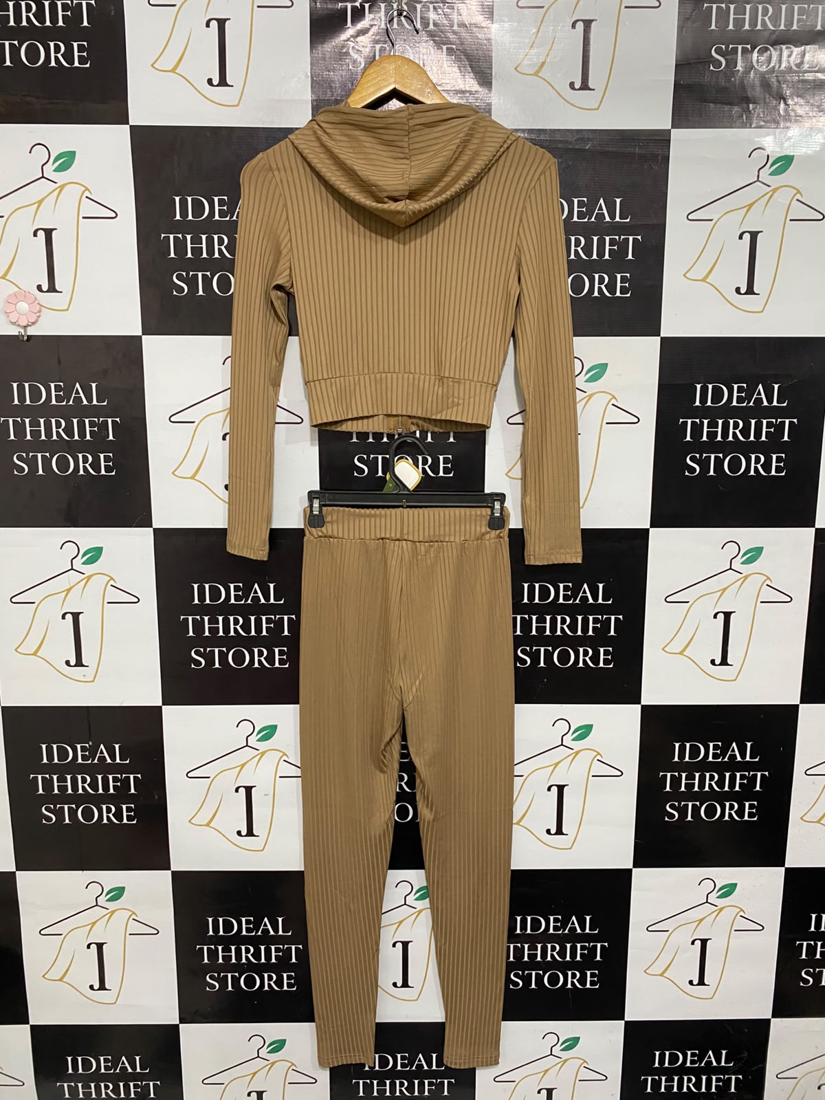 SHEIN  |XS| A74 | CAMEL RIBBED CROPPED HOODIE & LOUNGE PANTS TWO-PIECE SET