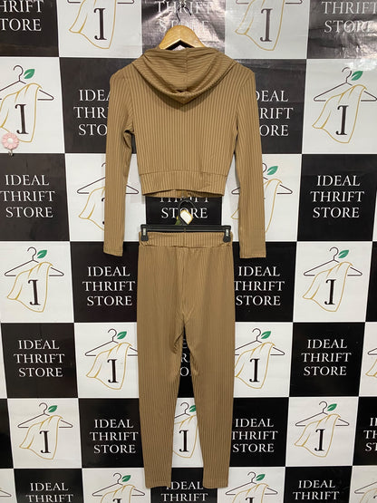 SHEIN  |XS| A74 | CAMEL RIBBED CROPPED HOODIE & LOUNGE PANTS TWO-PIECE SET