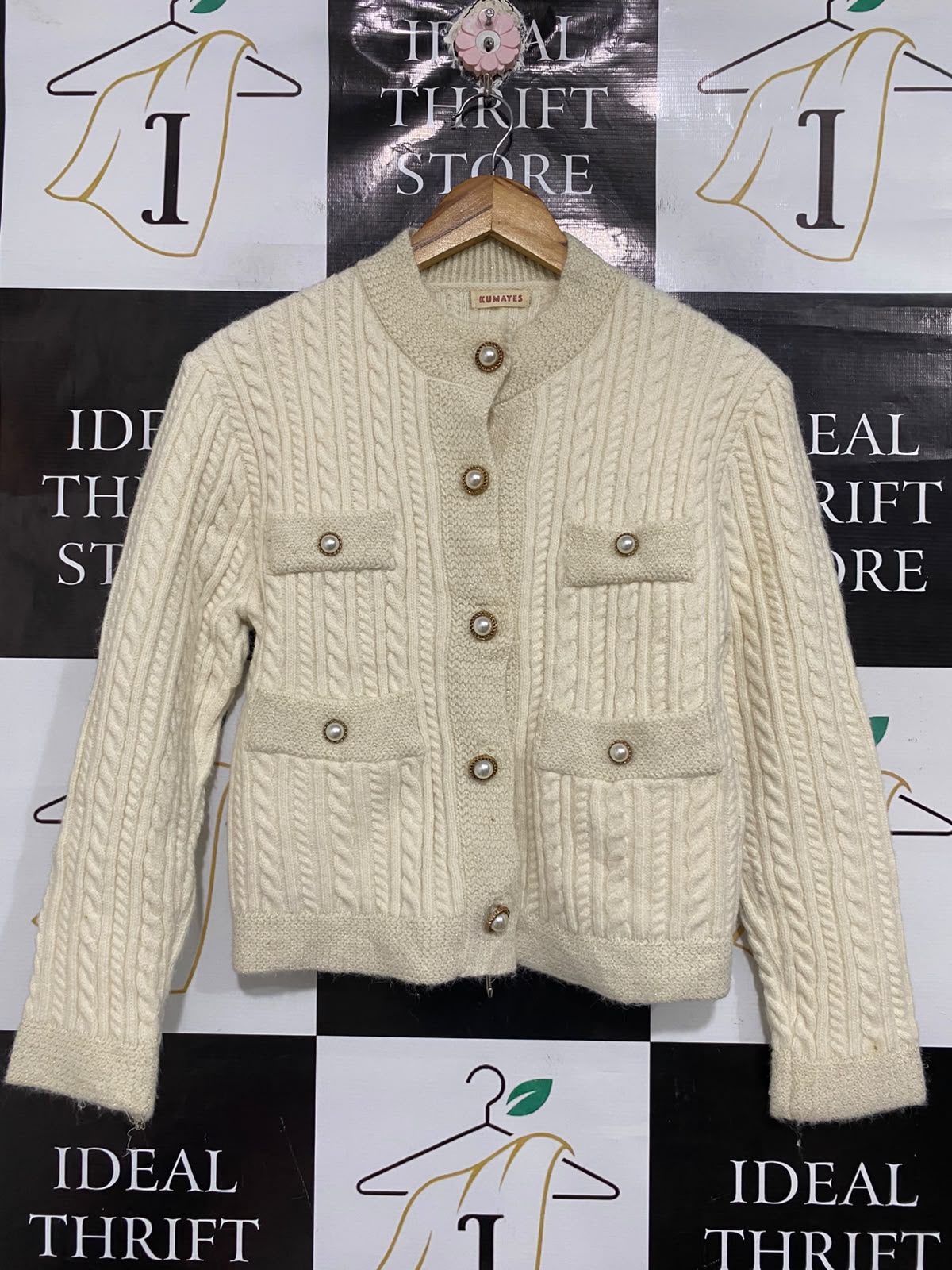 KUMAYES |M | BUST 17 | A74 |  OFF-WHITE CABLE-KNIT PEARL-BUTTON CARDIGAN JACKET