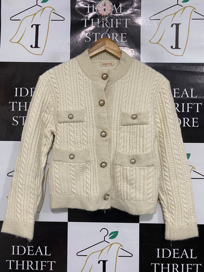 KUMAYES |M | BUST 17 | A74 |  OFF-WHITE CABLE-KNIT PEARL-BUTTON CARDIGAN JACKET