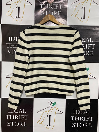 |S | BUST 19 | A74 | BLACK & CREAM STRIPED GOLD-BUTTON KNIT CARDIGAN