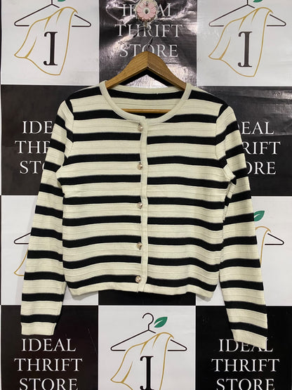 |S | BUST 19 | A74 | BLACK & CREAM STRIPED GOLD-BUTTON KNIT CARDIGAN